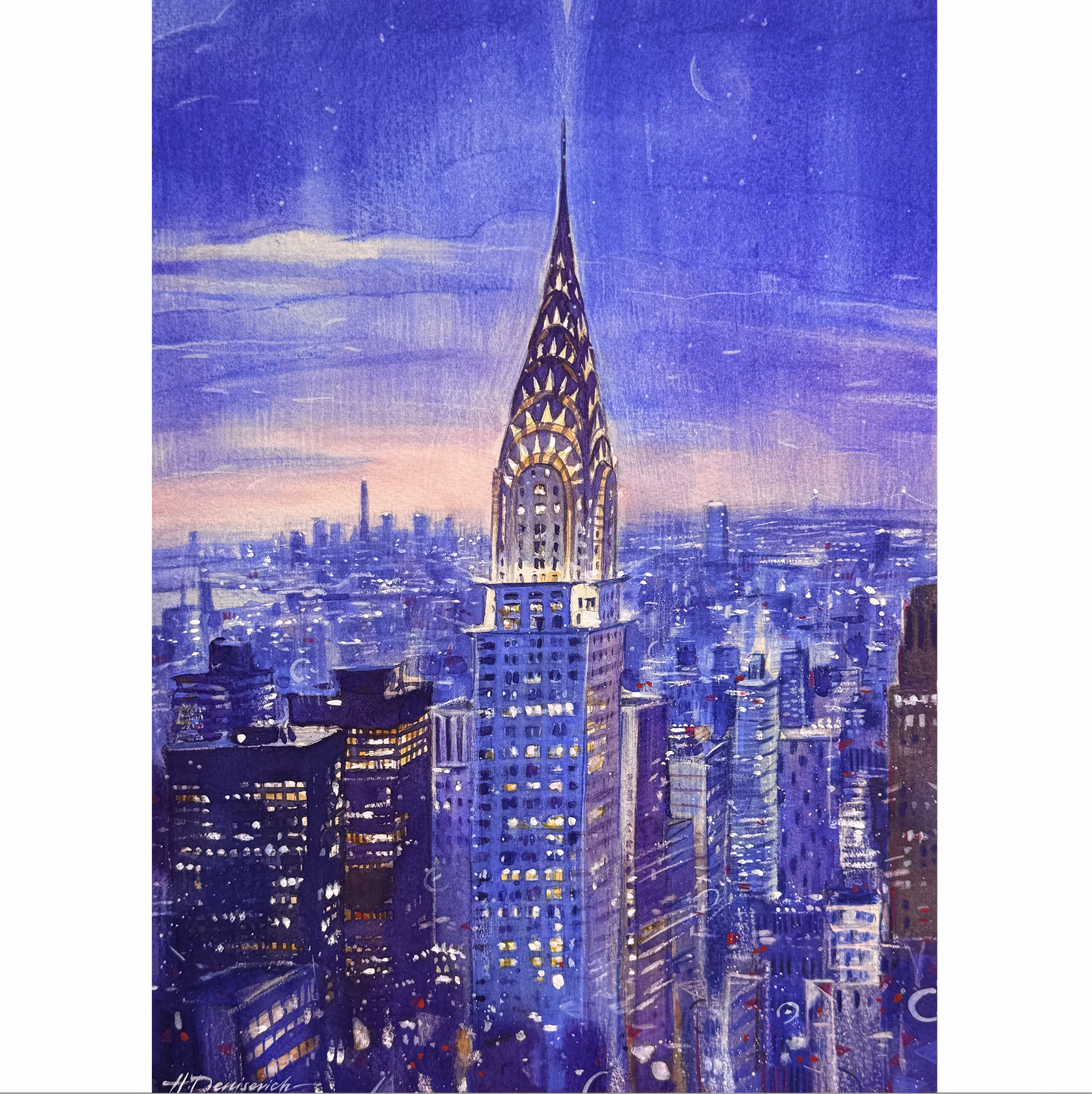 "First snow - Midtown skyline with Chrysler Building" – Watercolor, 10x14 in (2024)