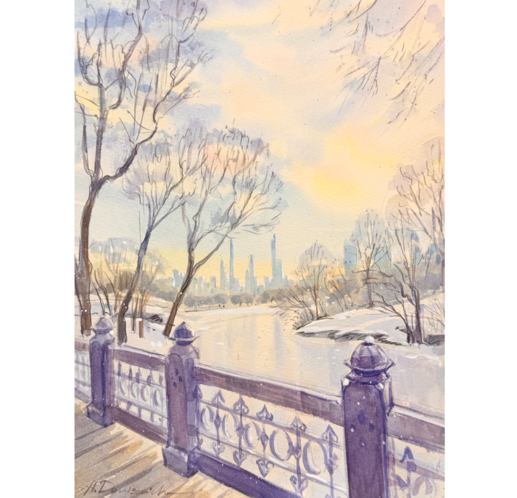 "February crisp — winter morning sun over Central Park" – Watercolor, 9x12 in (2026)