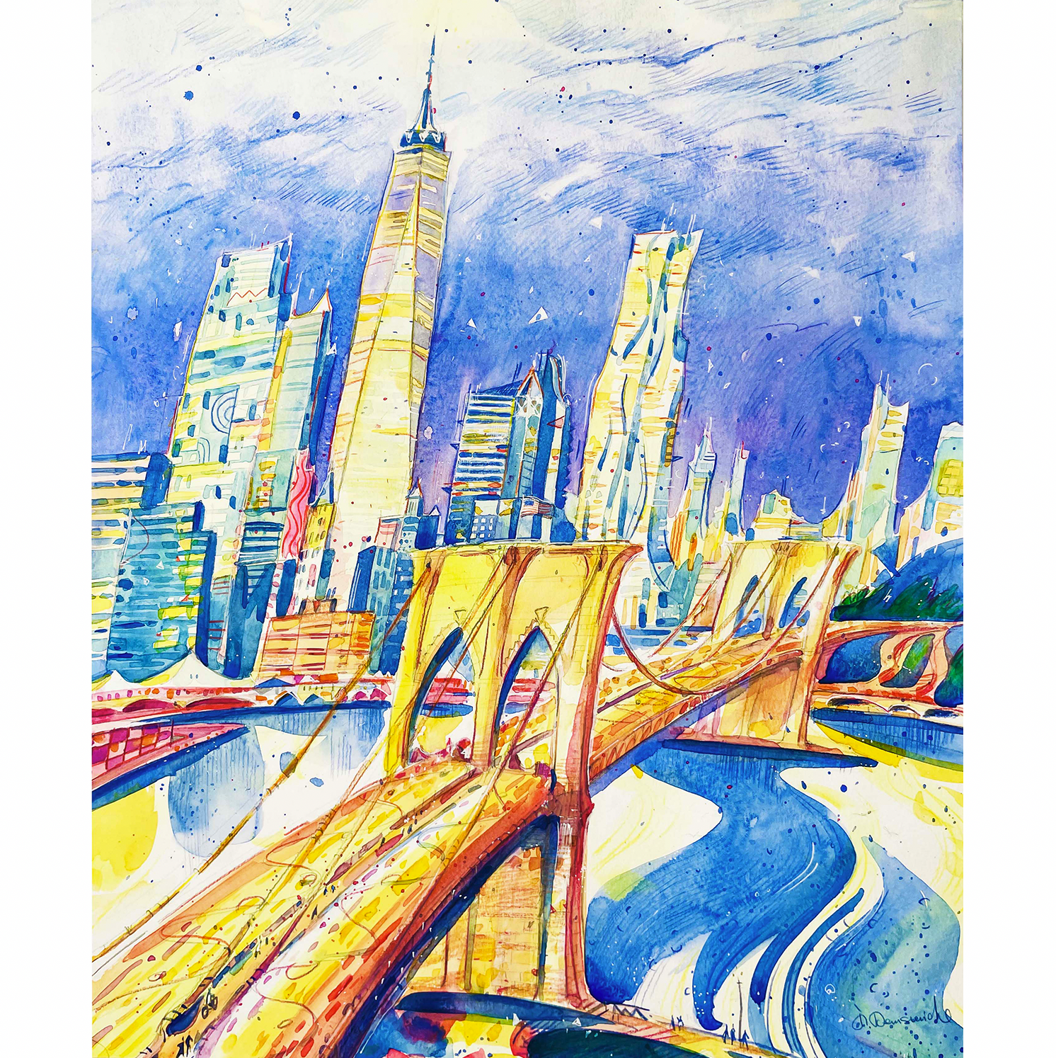 "View of Brooklyn Bridge and Manhattan Skyline" - Watercolor, 16x20 in (2023)