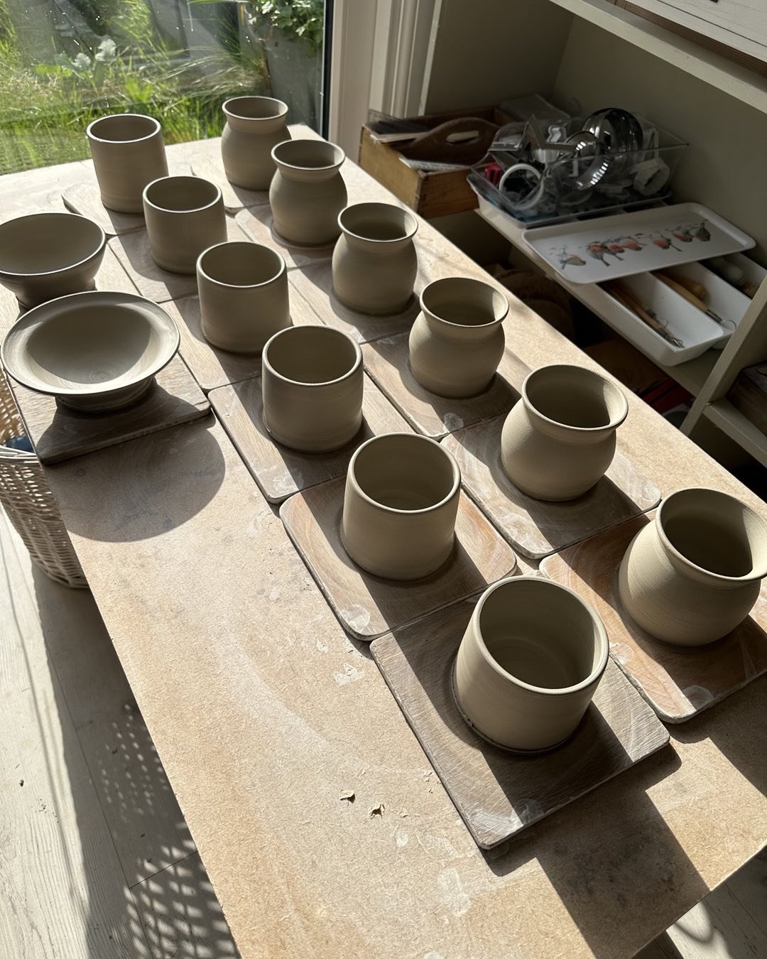 Mugs, candle pots and a bit of evening sunshine. Good to have some throwing time after the busy weekend.. Turning and handles tomorrow 🙂. #pottery wheel # mugs #throwing #Grantown on Spey #Cairngorms #happy place