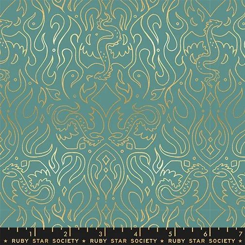 Fireglow - Metallic Line art - Watercress - 1/4 Yard