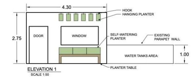 Architects' drawing of rooftop garden plot.
