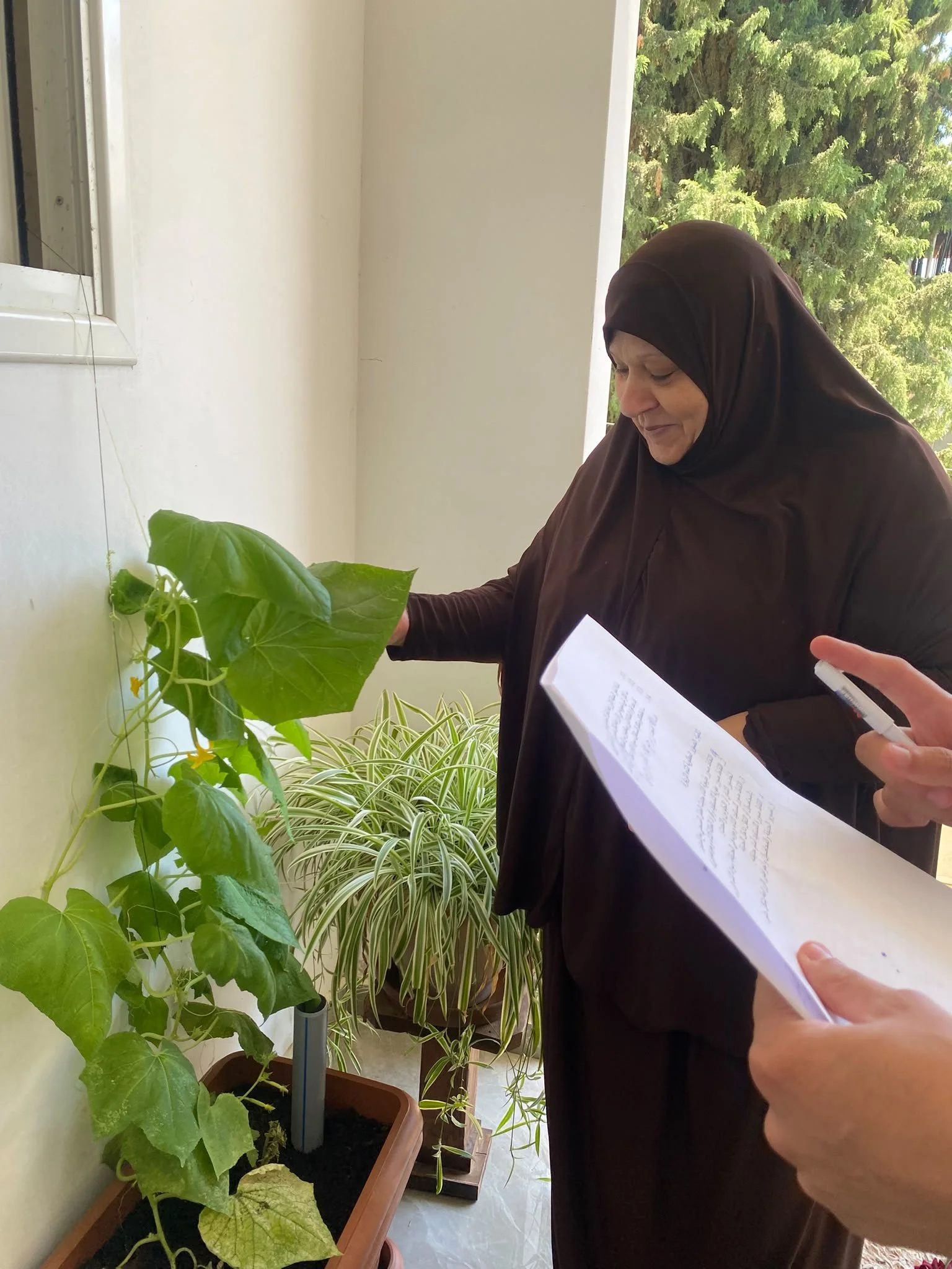 Food program team members checking on a rooftop garden.