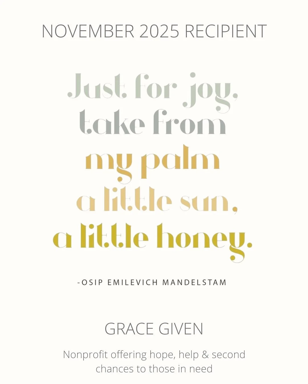 This November, we&rsquo;re honored to partner with 𝗚𝗿𝗮𝗰𝗲 𝗚𝗶𝘃𝗲𝗻 &mdash; a local nonprofit that embodies compassion and helps make second chances happen.
&bull;
Their mission is simple: to support individuals in need by providing essential re