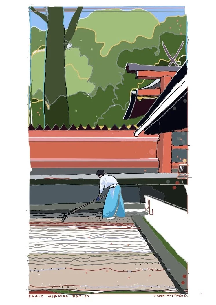 Monk raking the gravel in Nara