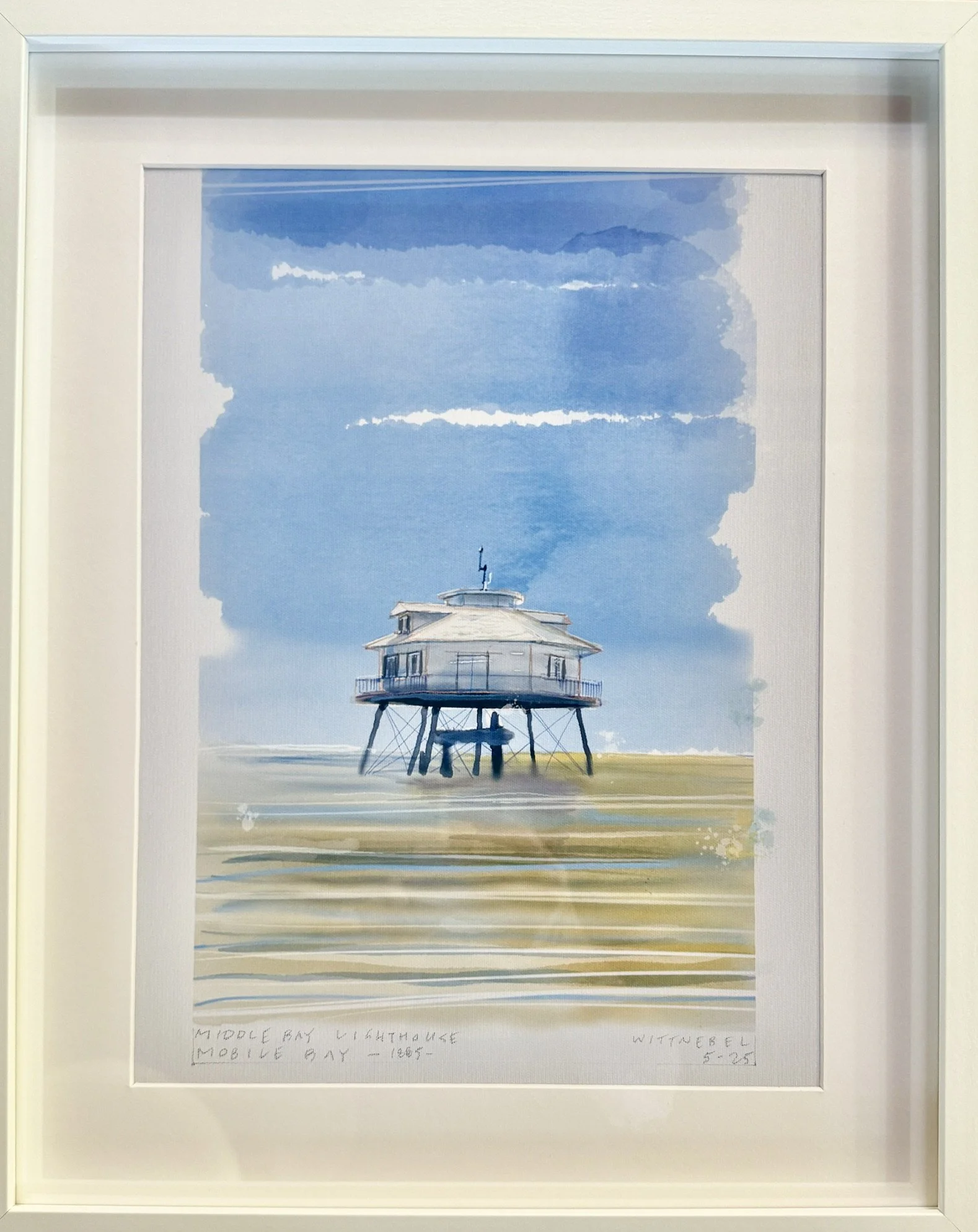 Middle Bay Lighthouse watercolor from a group show in Alabama in September 2025