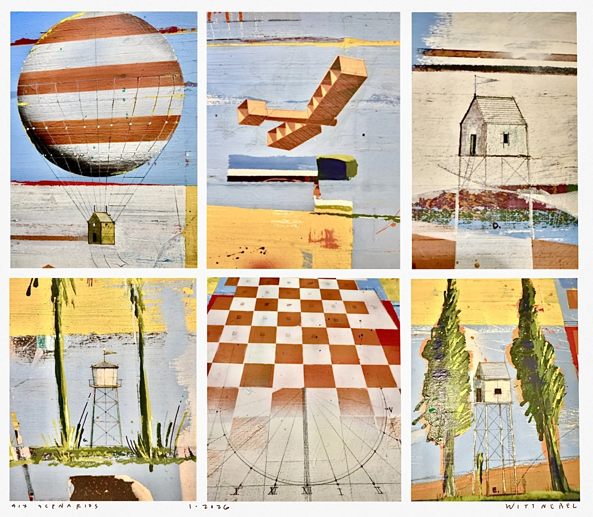 SOLD!  Six Scenarios from "Tempus Fugit" painting, Mixed media and acrylic on canvas