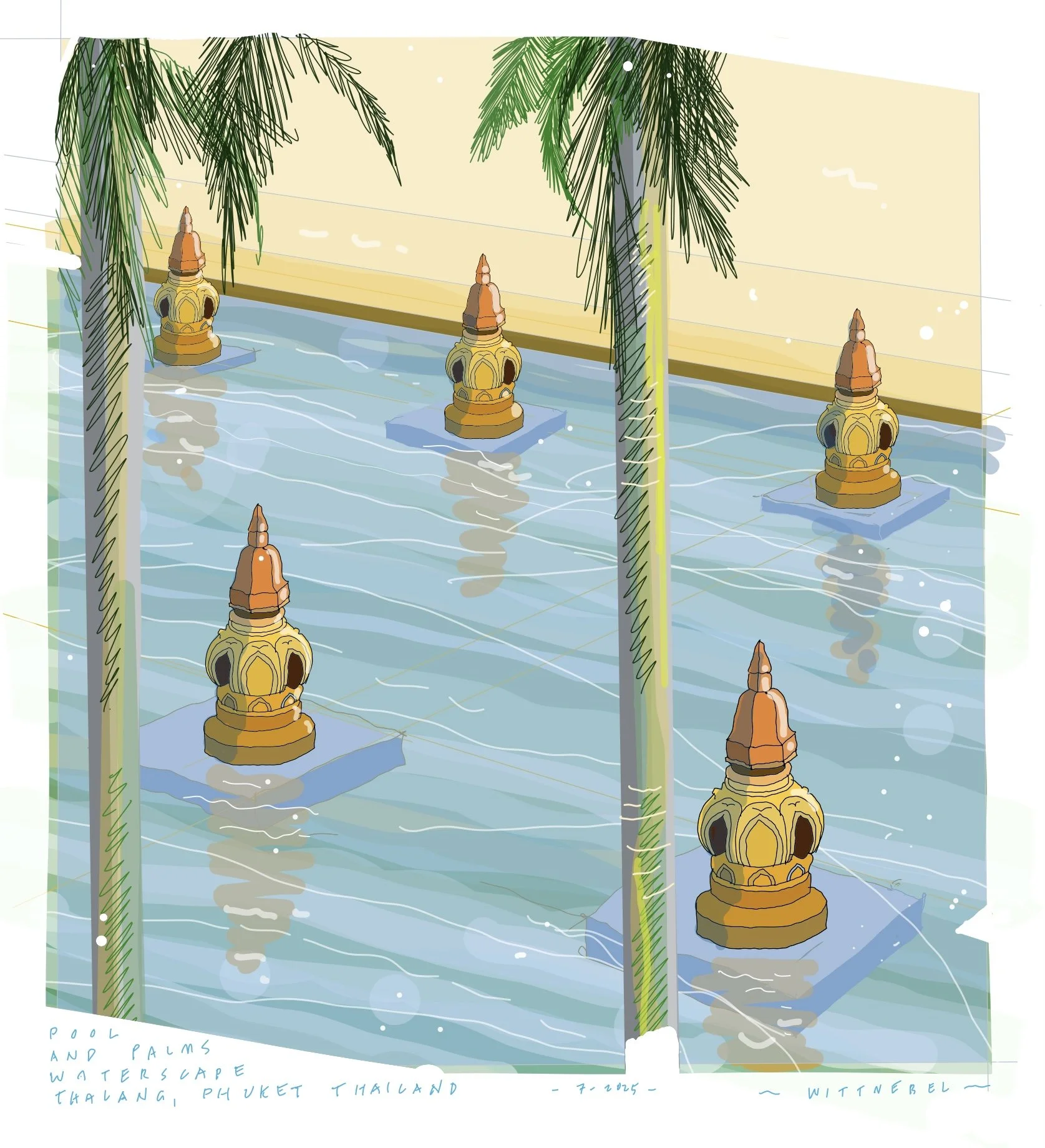 Pool, fountains and palms in Thalang Phuket