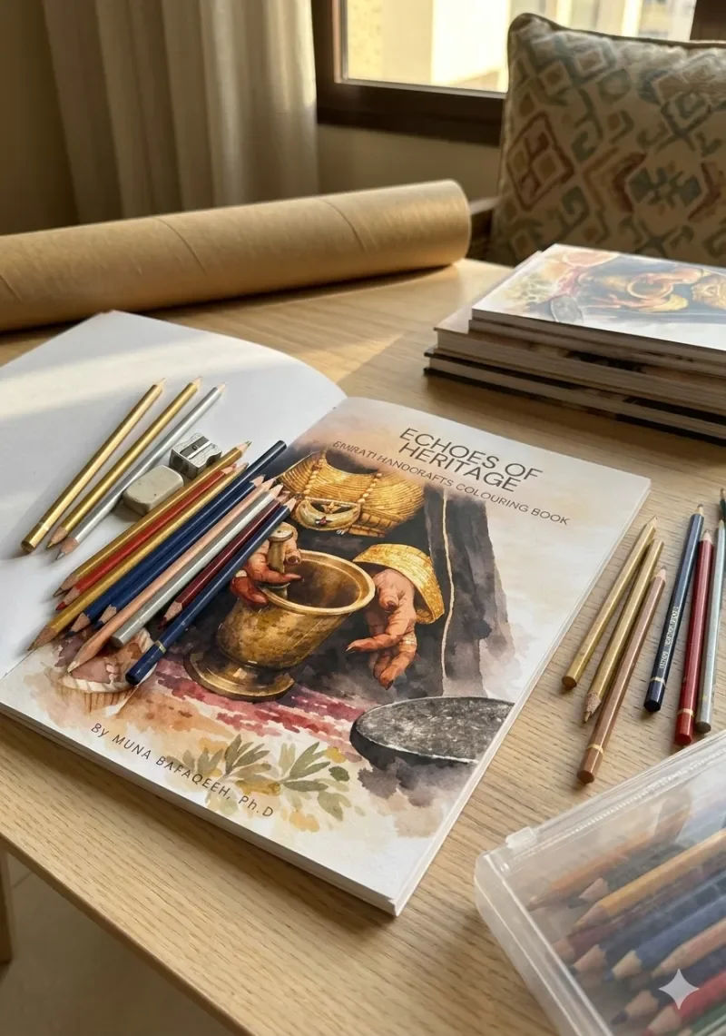Emirati handicrafts coloring book displayed on a table with colored pencils and drawing materials.