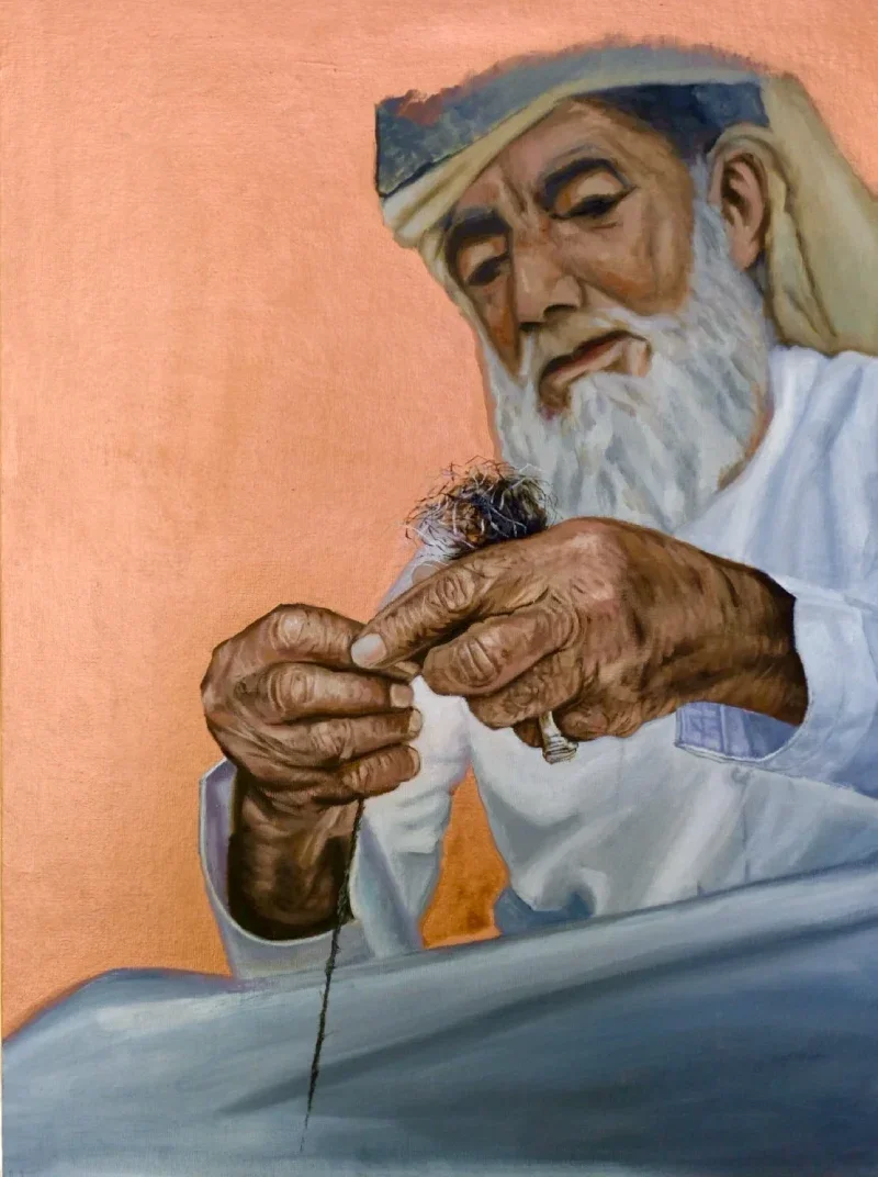 Painting of an elderly bearded man sewing fabric by hand against a warm orange background.