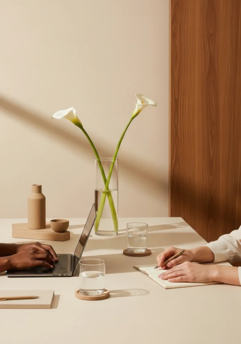 Two people working at a table with a laptop and notebook beside a vase of white calla lilies.