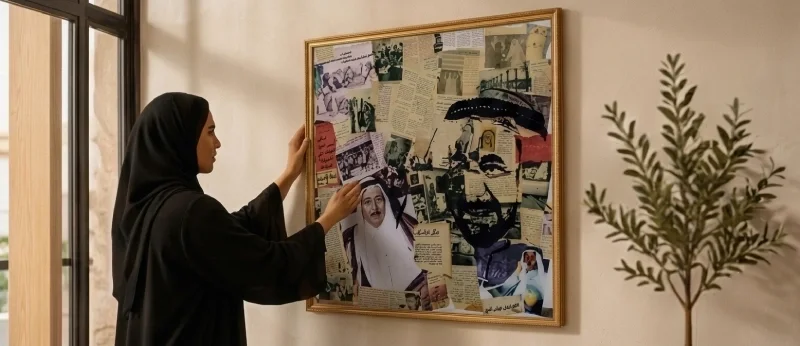 Collage artwork combining Arabic newspaper clippings, archival photographs, and portraits in a gold frame.