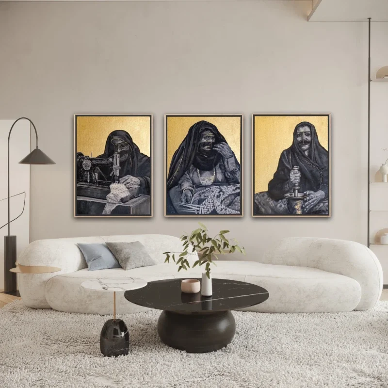 Three framed paintings of women in traditional black clothing performing traditional crafts against gold backgrounds.