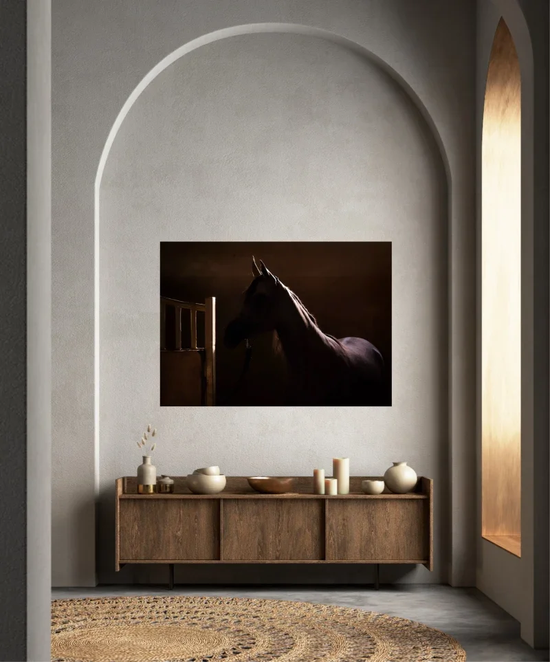 Photograph of a horse in a dimly lit stable displayed on a wall above a wooden cabinet.