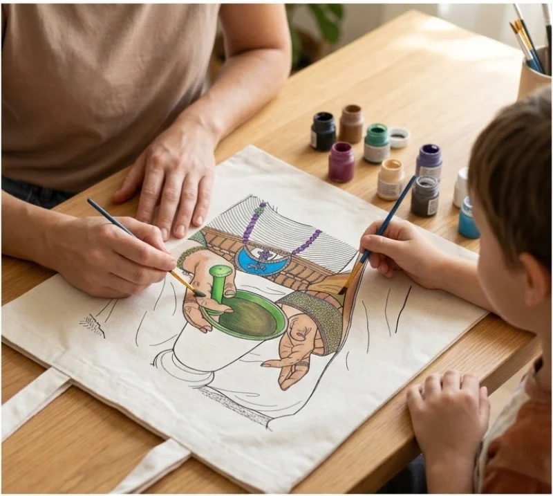 Adult and child painting a printed illustration on a fabric tote bag with small paint jars on a table.