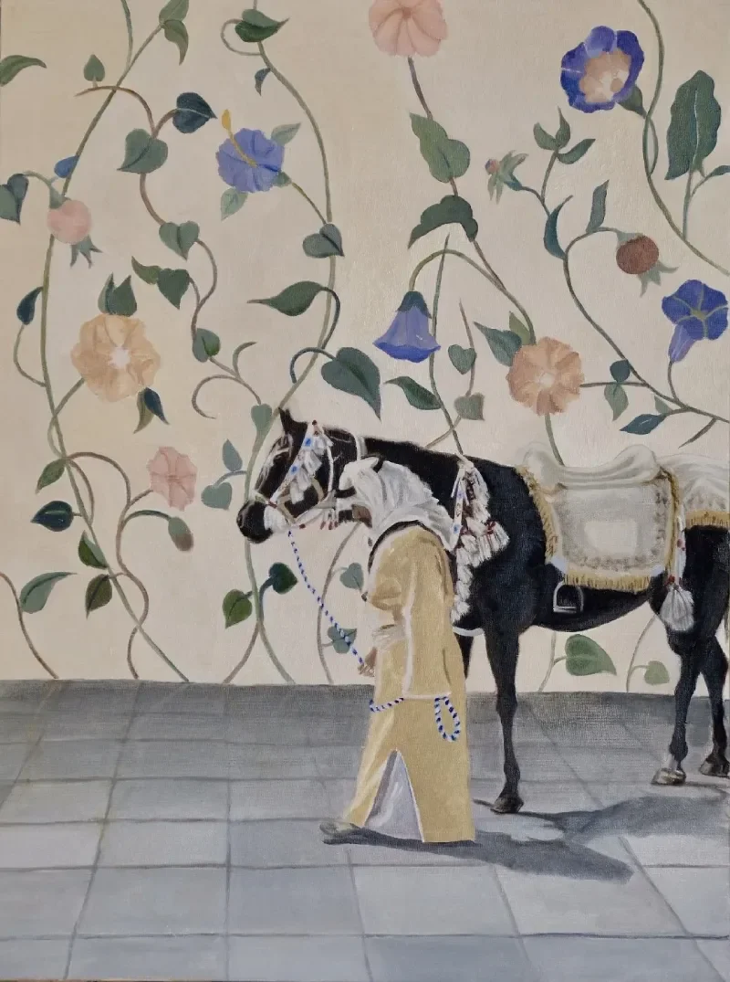 Painting of a traditionally dressed figure leading a decorated black horse against a floral background.