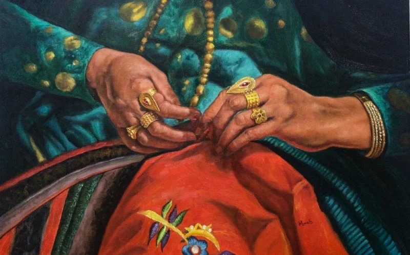 Emirati heritage painting of a woman’s hands adorned with traditional gold jewelry while sewing colorful fabric.
