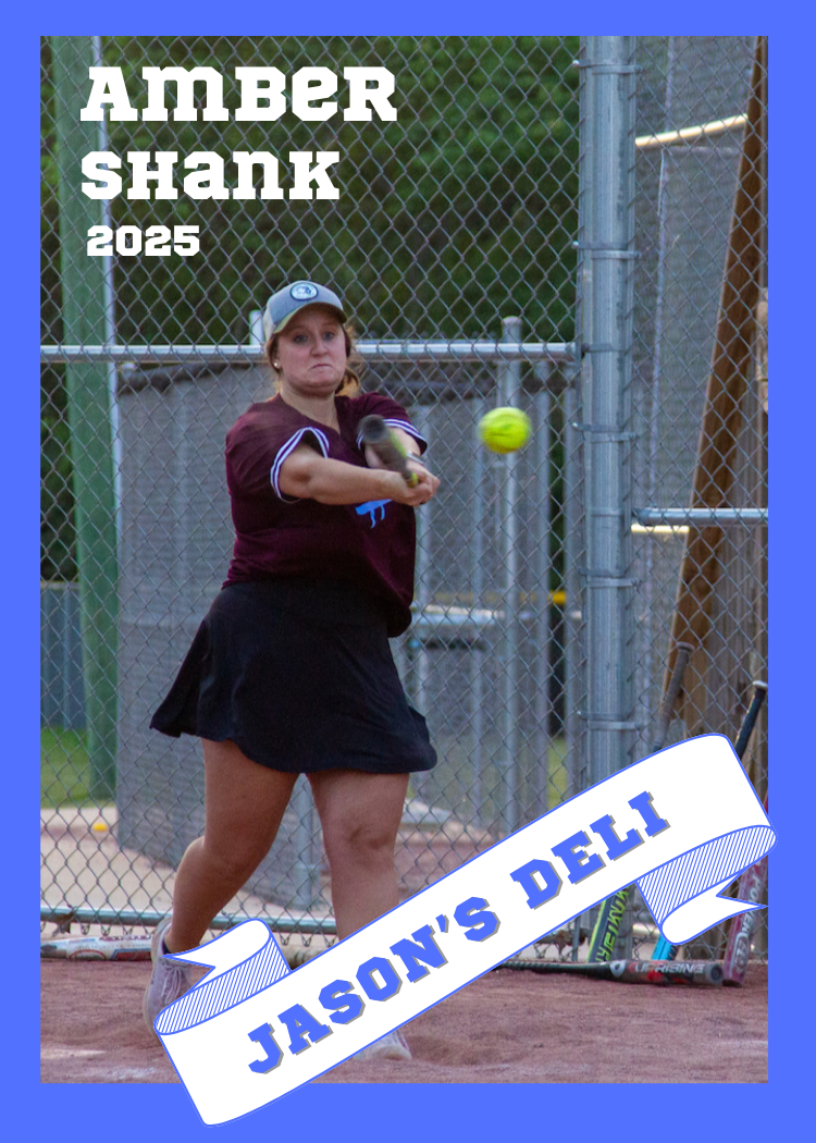 A woman playing softball on a field, wearing a maroon shirt, black skirt, and a baseball cap, with a fence and greenery in the background, and a banner at the bottom reading "JASON'S DELI".