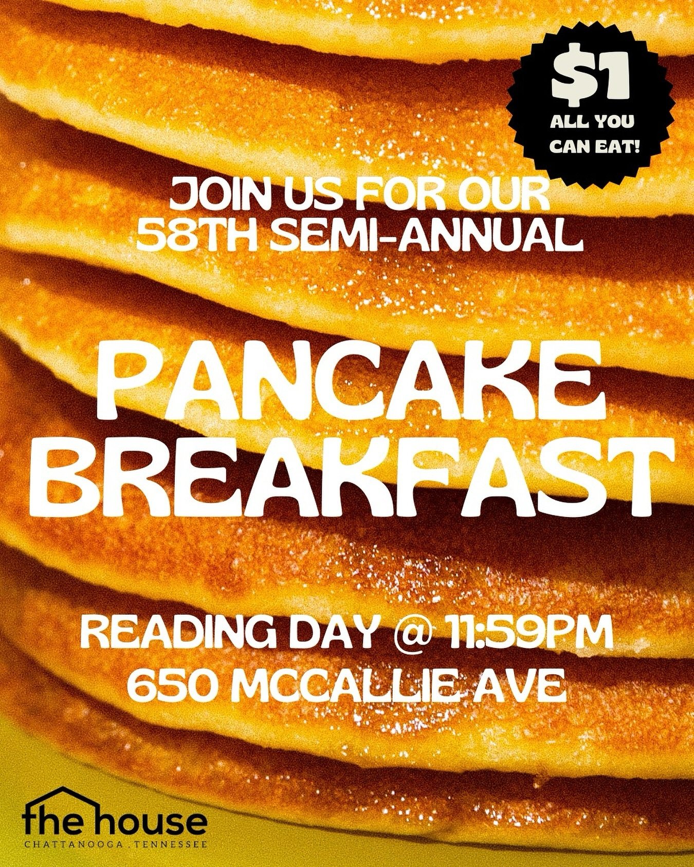 The post you&rsquo;ve all been waiting for&hellip; T-72 hours until everyone&rsquo;s favorite day of the year !!! Doors open at 11:59PM for music, all the pancakes your heart desires, and a chance to forget about finals for a little bit for only $1. 