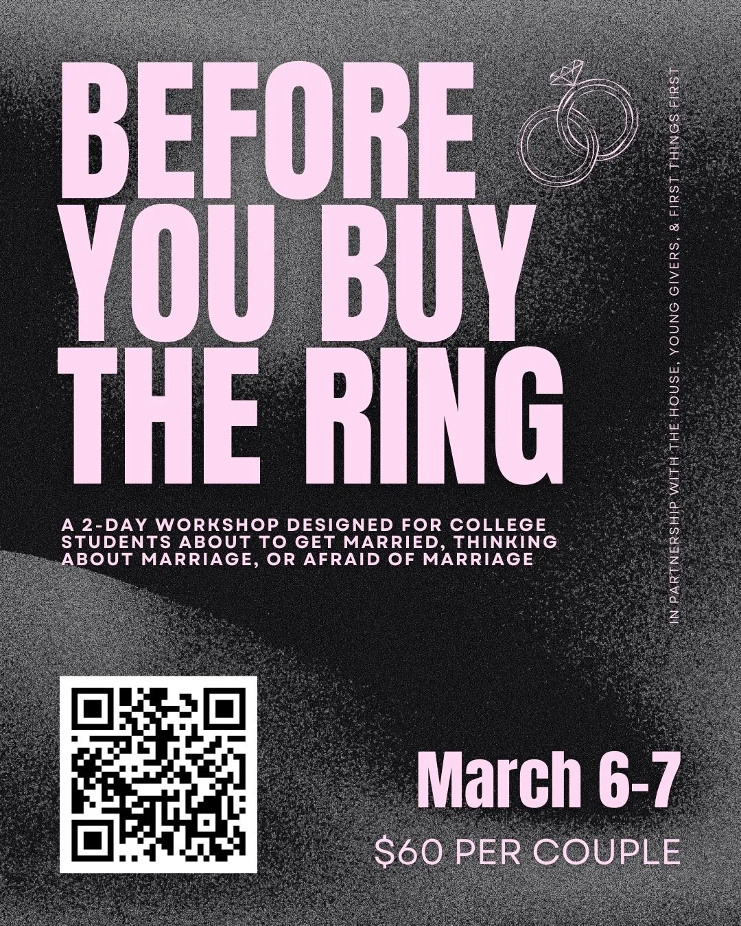 20 spots available for this 2-day workshop designed for college students about to get married, thinking about marriage, or afraid of marriage. $60 per couple. March 6-7. Link in bio.
