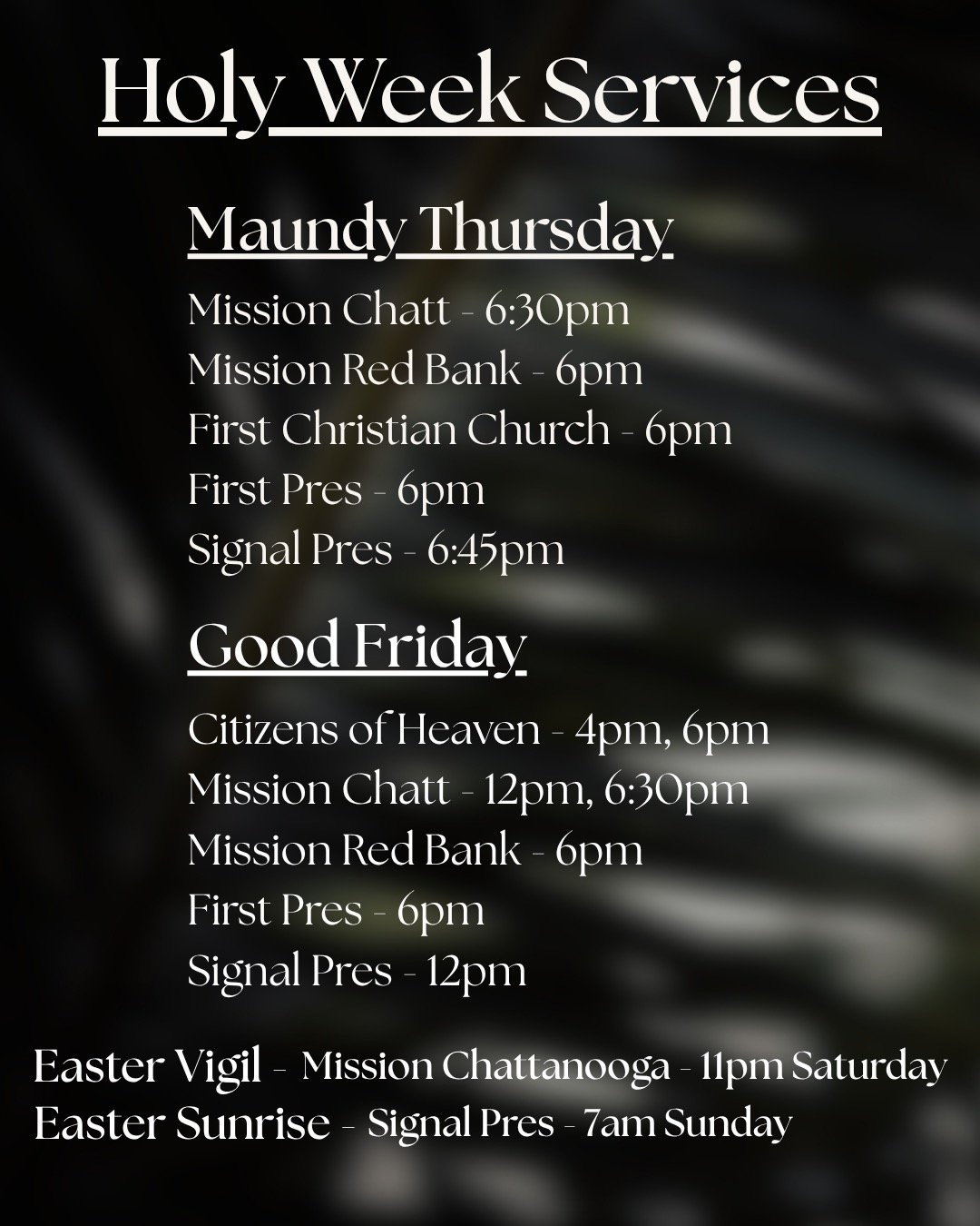 Looking for somewhere to worship this Holy Week, here are a few services at partner churches. 

Connect with other students attending these services in GroupMe or DM us.