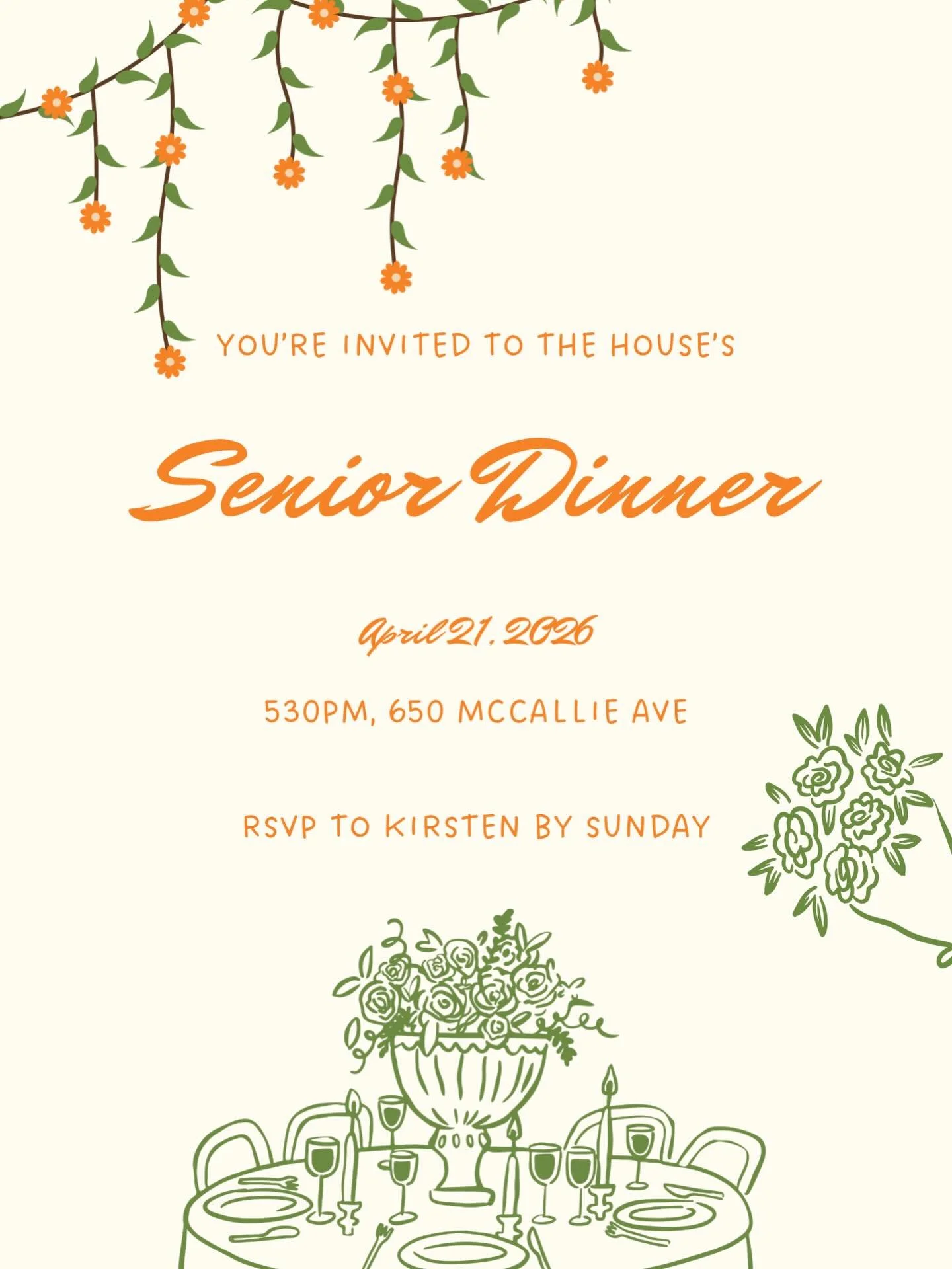 ATTENTION ALL SENIORS!!!
You are invited to a special dinner before worship on the last Tuesday night of the school year. 
We will be celebrating you and your class with a sweet dinner!!! 💙💙💙💛💛💛💛