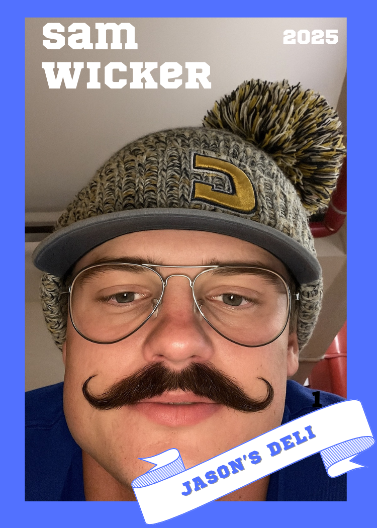A person with glasses and a thick mustache wearing a knit hat with a pom-pom and a Georgia Bulldogs logo. The image has a blue border with white text that reads 'sam WICKER 2025'. There is a label that says 'Jason's Deli' near the bottom of the image.