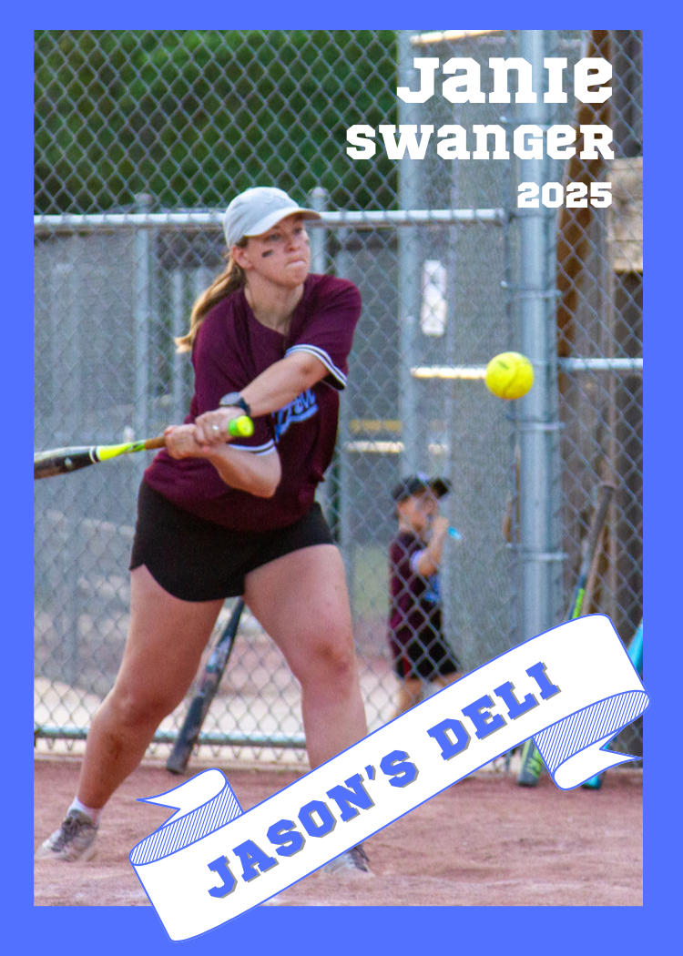 A girl playing tennis on a dirt court, hitting a yellow tennis ball with a racket, wearing a white cap and purple shirt, with a chain-link fence in the background. There is a smaller person in the background holding a water bottle. The text on the image reads "Janie Swanger 2025" and "Jason's Deli".