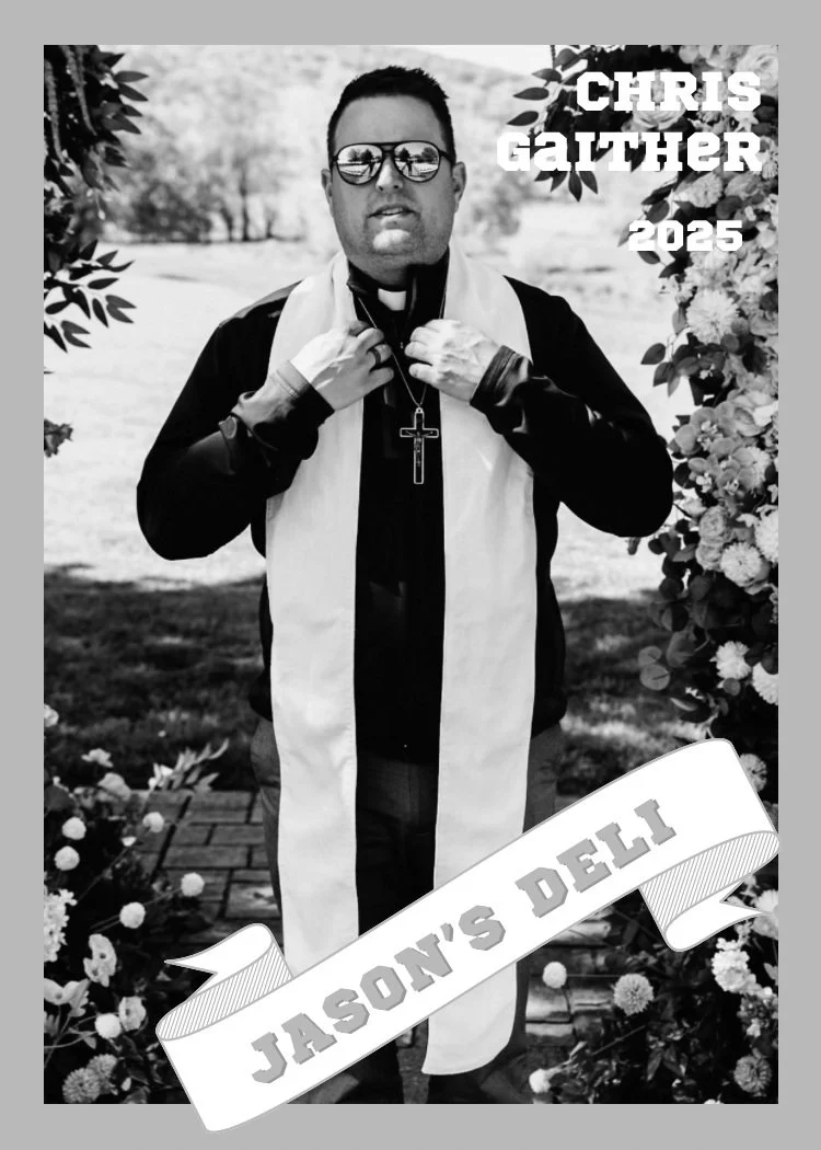 Black and white photo of a man dressed as a priest standing outdoors with trees and flowers in the background. He is wearing sunglasses, a clerical collar, a cross necklace, and a white stole. Text in the top right corner reads "Chris Gaither 2025," and there is a banner at the bottom with the words "Jason's Deli."