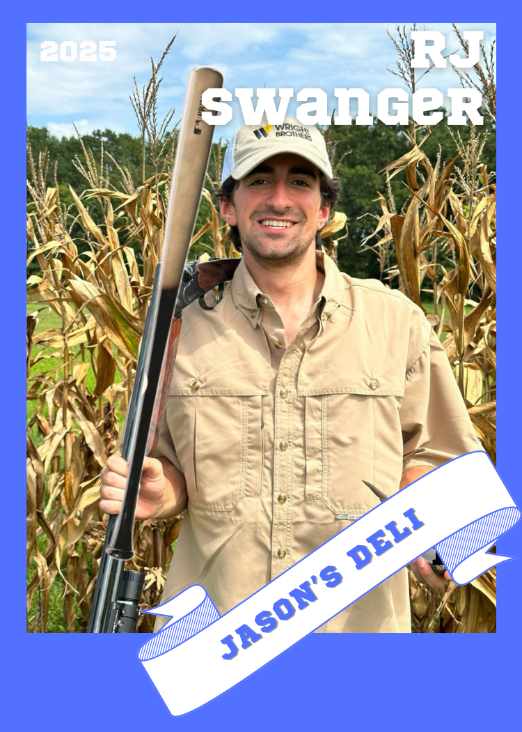 A man standing in a cornfield holding rifle, wearing a beige shirt and a baseball cap, smiling at the camera. The image has text indicating 'RJ Swanger', '2025', and 'Jason's Deli'.