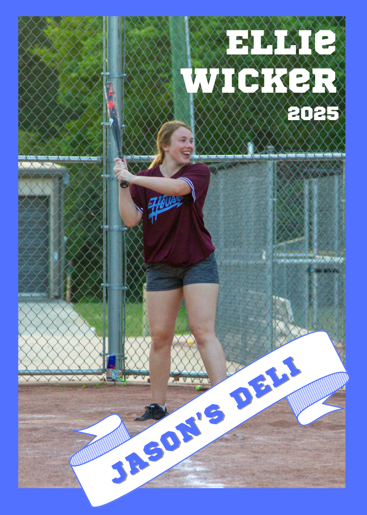 Young woman holding a baseball bat on a baseball field, smiling, with a chain-link fence and trees in the background, celebrating her being named Ellie Wicker 2025 at Jason's Deli.