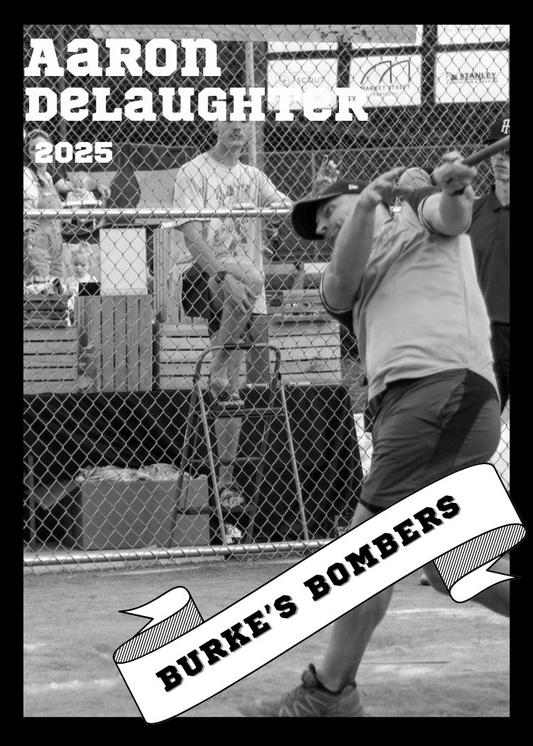 Black and white photo of a person batting in a baseball game behind a chain-link fence, with spectators watching. Text overlays include 'AARON DELAUGHTER 2025' and a banner reading 'BURKE'S BOMBERS'.
