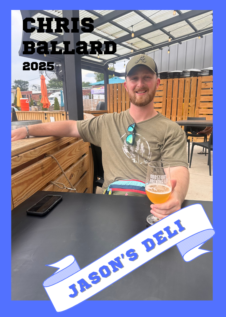 A young man with a beard and a cap sitting at an outdoor table, holding a glass of beer, with sunglasses hanging on his shirt. There is a smartphone on the table, and the background shows a patio with string lights, umbrellas, and wooden fences. The image includes text that says "CHRIS BALLARD 2025" and a banner that reads "JASON'S DELI."