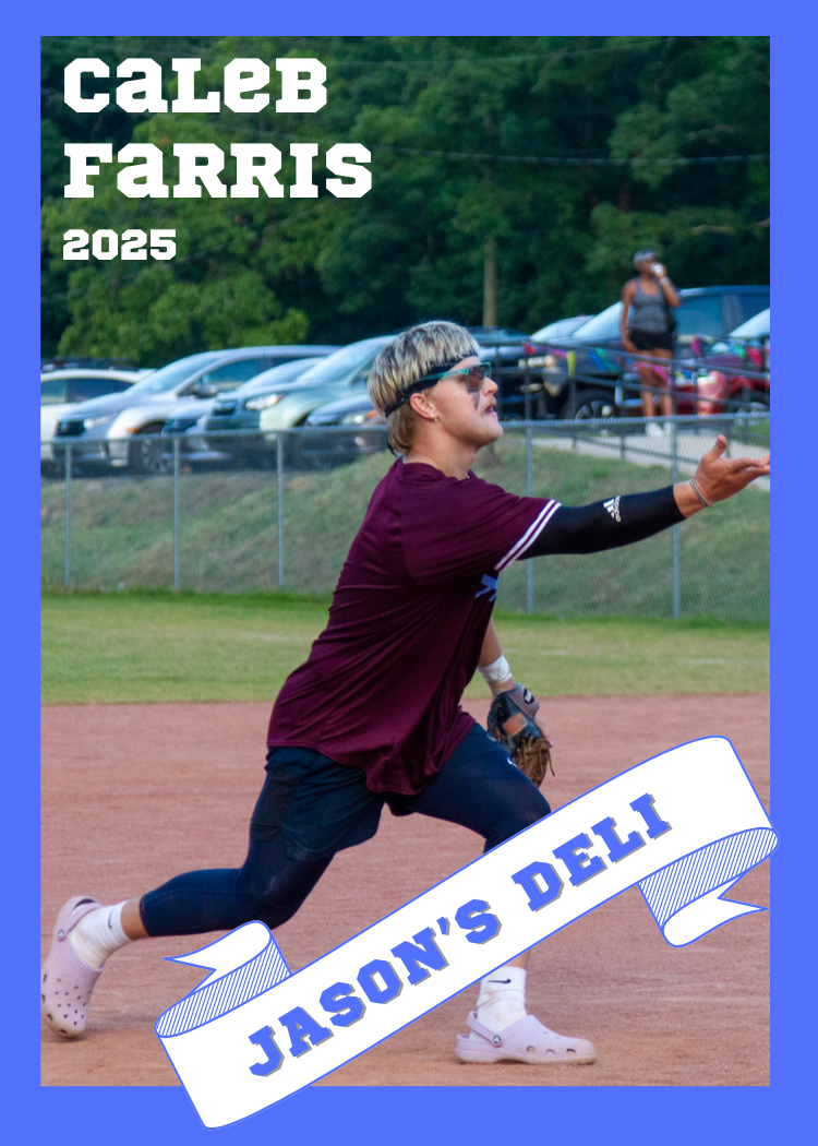 A young man playing baseball on a field, reaching to catch a ball. He wears sunglasses, a maroon shirt, dark shorts, and white shoes. There are cars and people in the background. The image features text that says "Caleb Farris 2025" and a banner that reads "Jason's Deli."