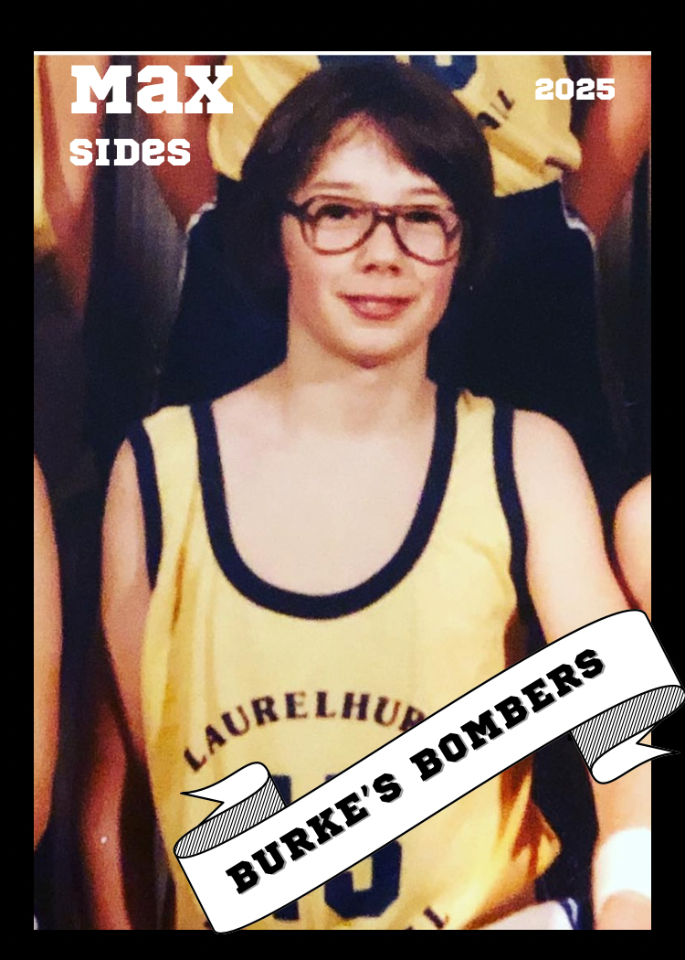 A woman with short dark hair and glasses wearing a yellow basketball jersey with black trim, sitting and smiling, with text overlay indicating it is Max from Laurelhurst 2025, part of Burke's Bombers team.