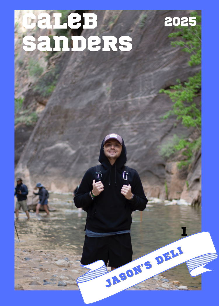 Young man smiling outdoors in front of a rock wall with a river, wearing a black hoodie and backpack, with other people in the background; labeled with 'Caleb Sanders 2025' and 'Jason's Deli'.