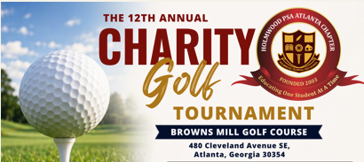 Anniversary charity golf tournament flyer at Browns Mill Golf Course in Atlanta, Georgia, featuring a golf ball on the grass and event details.