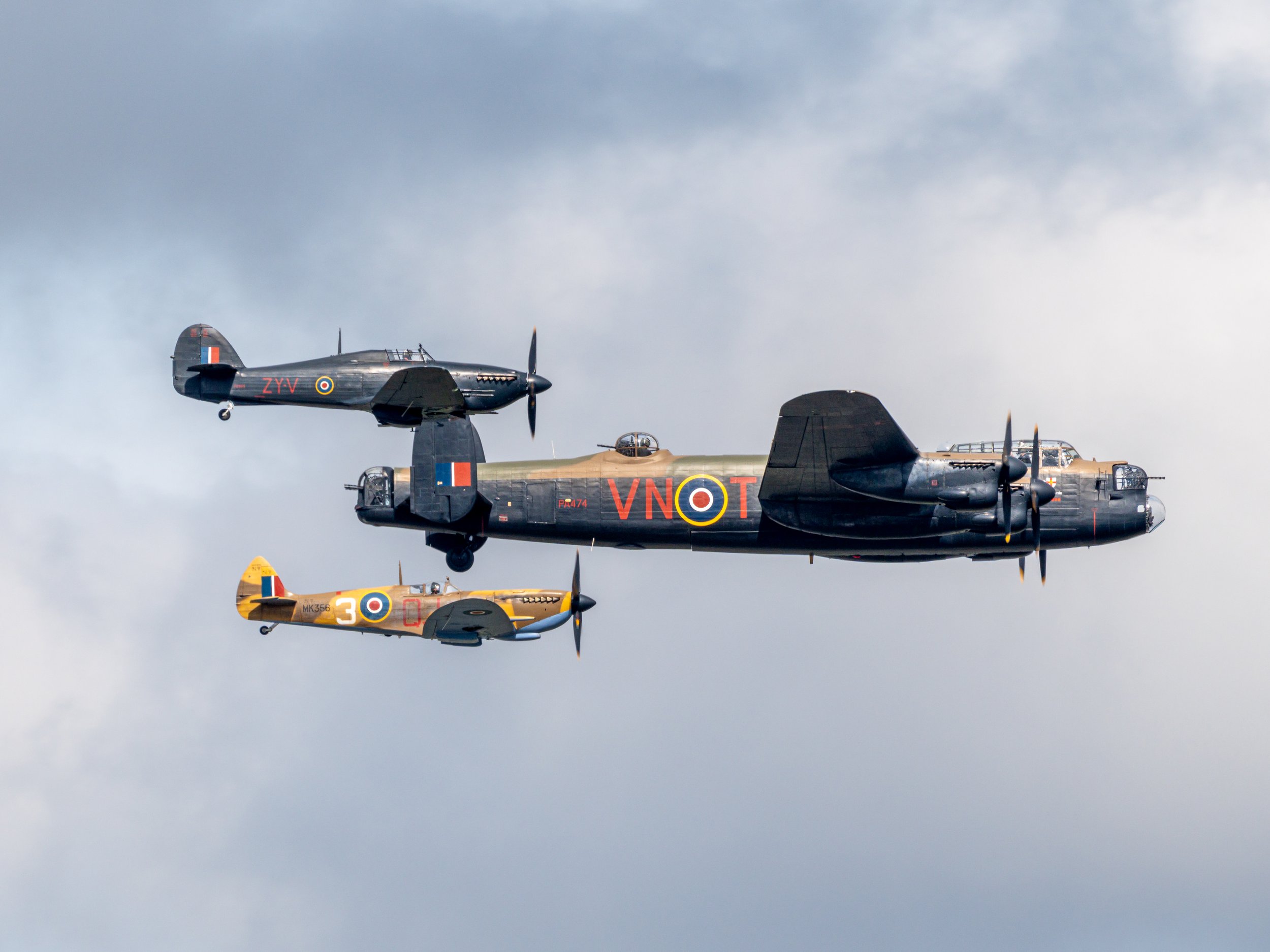Lancaster, Spitfire and Hurricance in formation.jpg