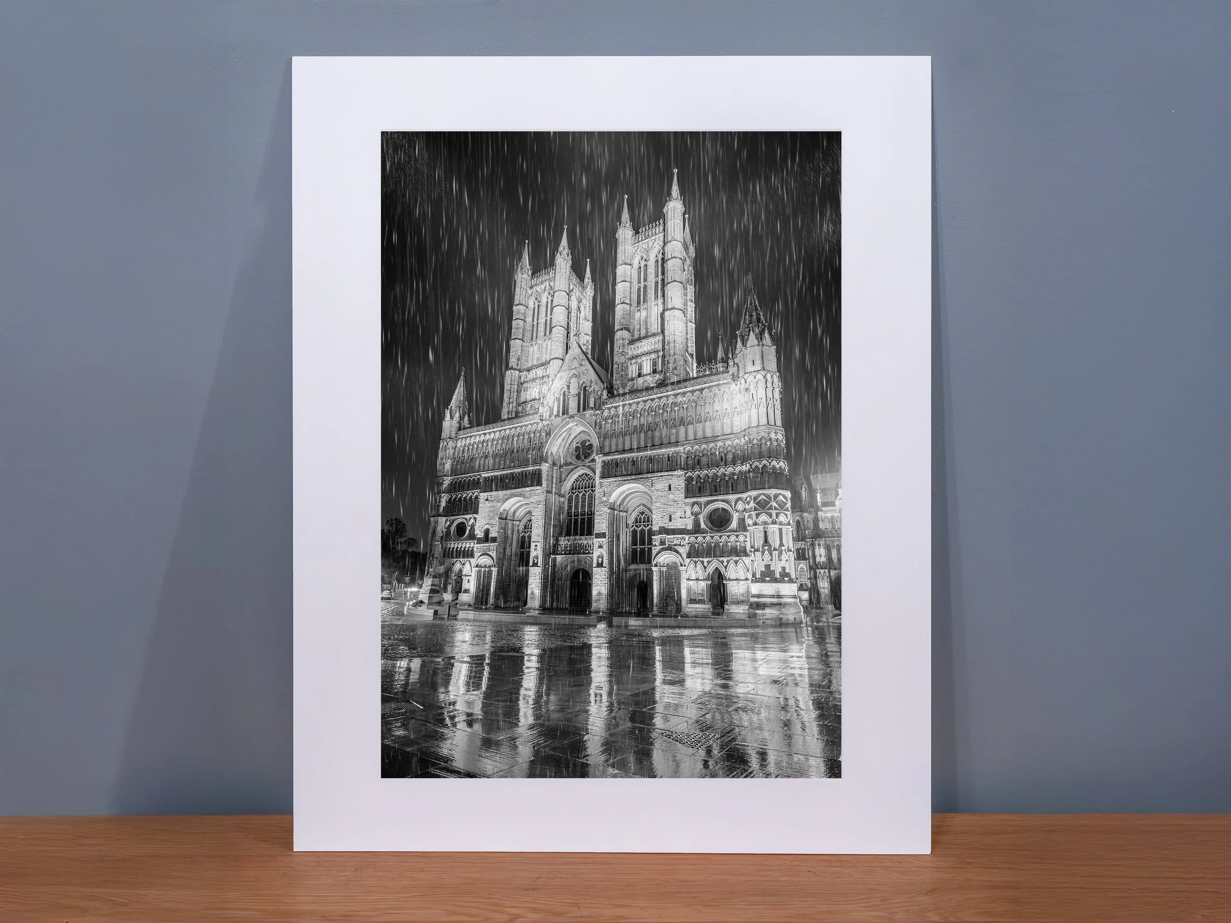 Lincoln Cathedral and torrential rain black and white