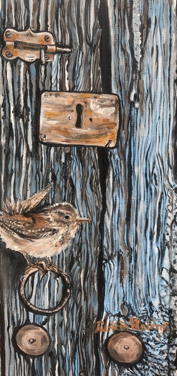 "Brown Wren on Door" Original Oil Painting by Patricia J Valenti