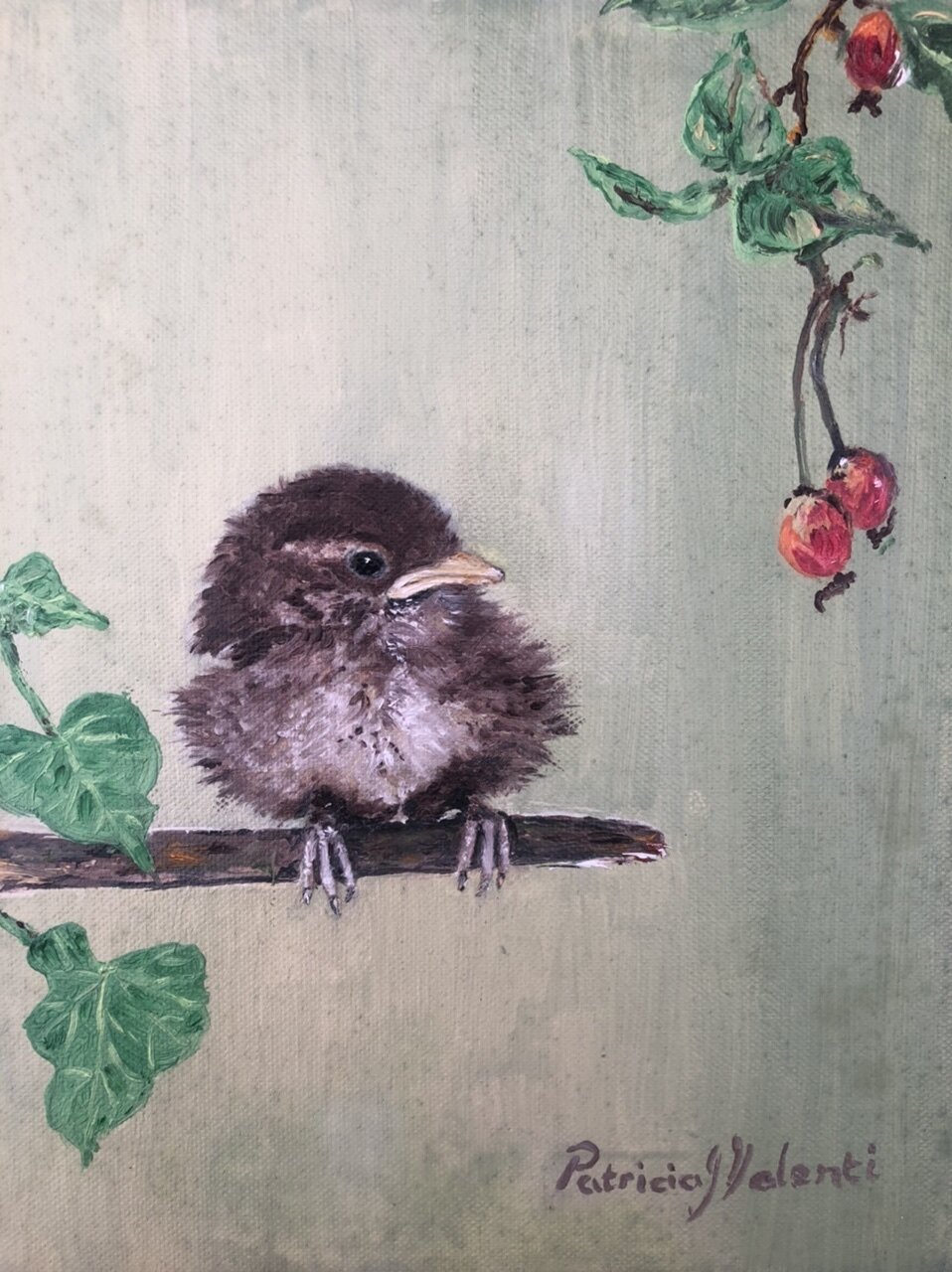 "Baby Wren and Hawthorn" Original Oil Painting by Patricia J Valenti