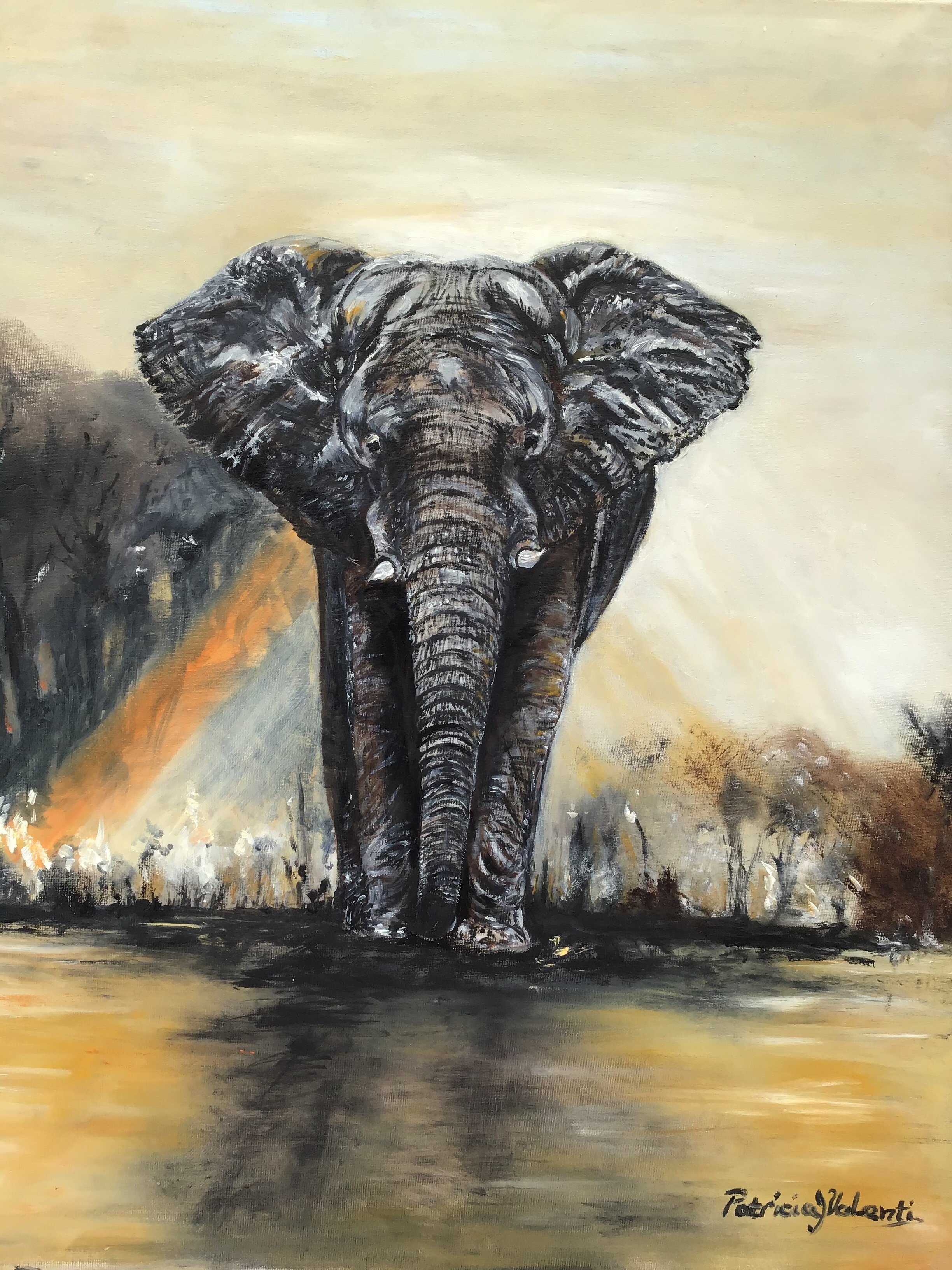 "Ray of Hope" Elephant Original Oil Painting by Patricia J Valenti