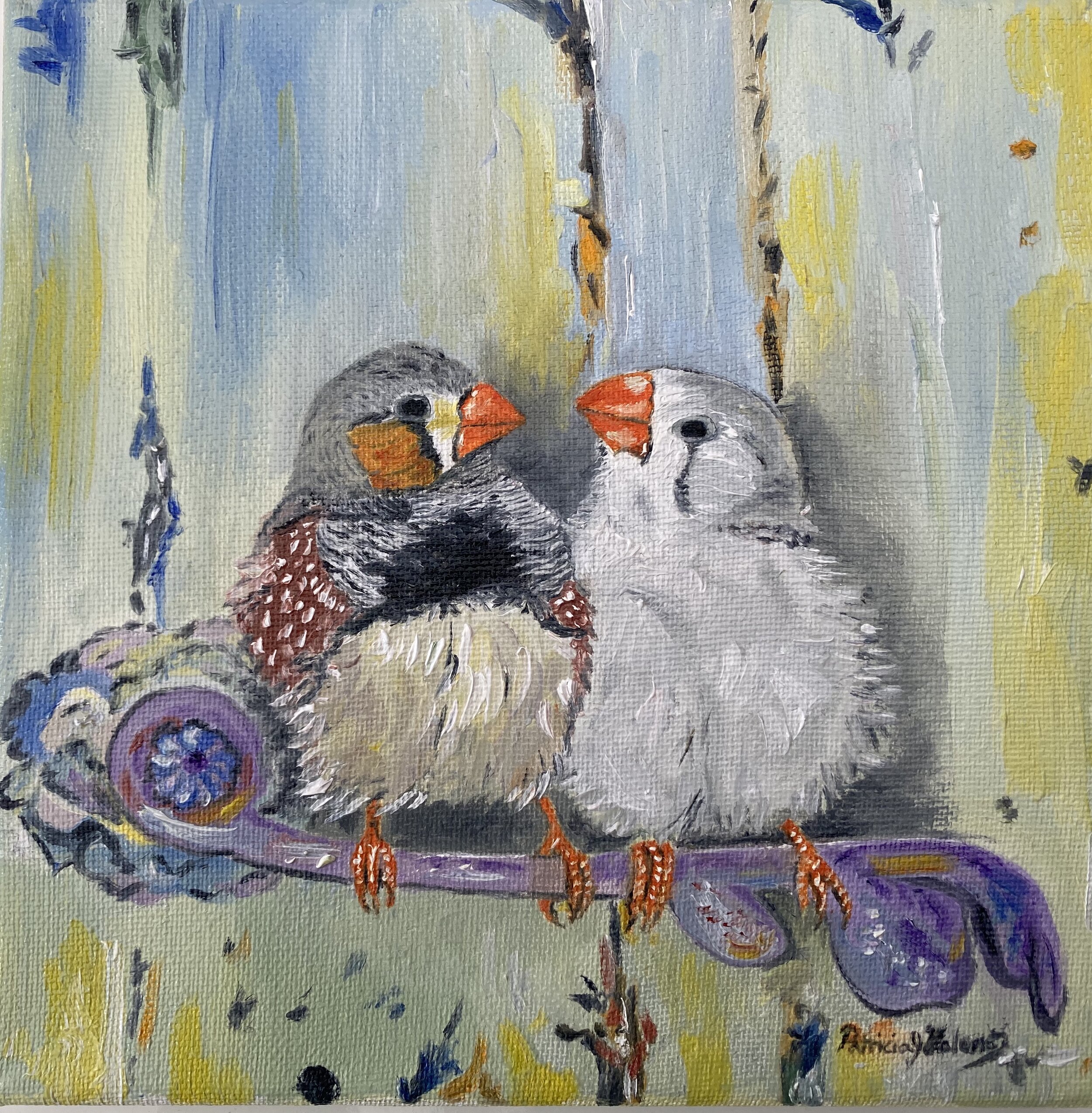 "Zebra Finches" Original Oil Painting by Patricia J Valenti