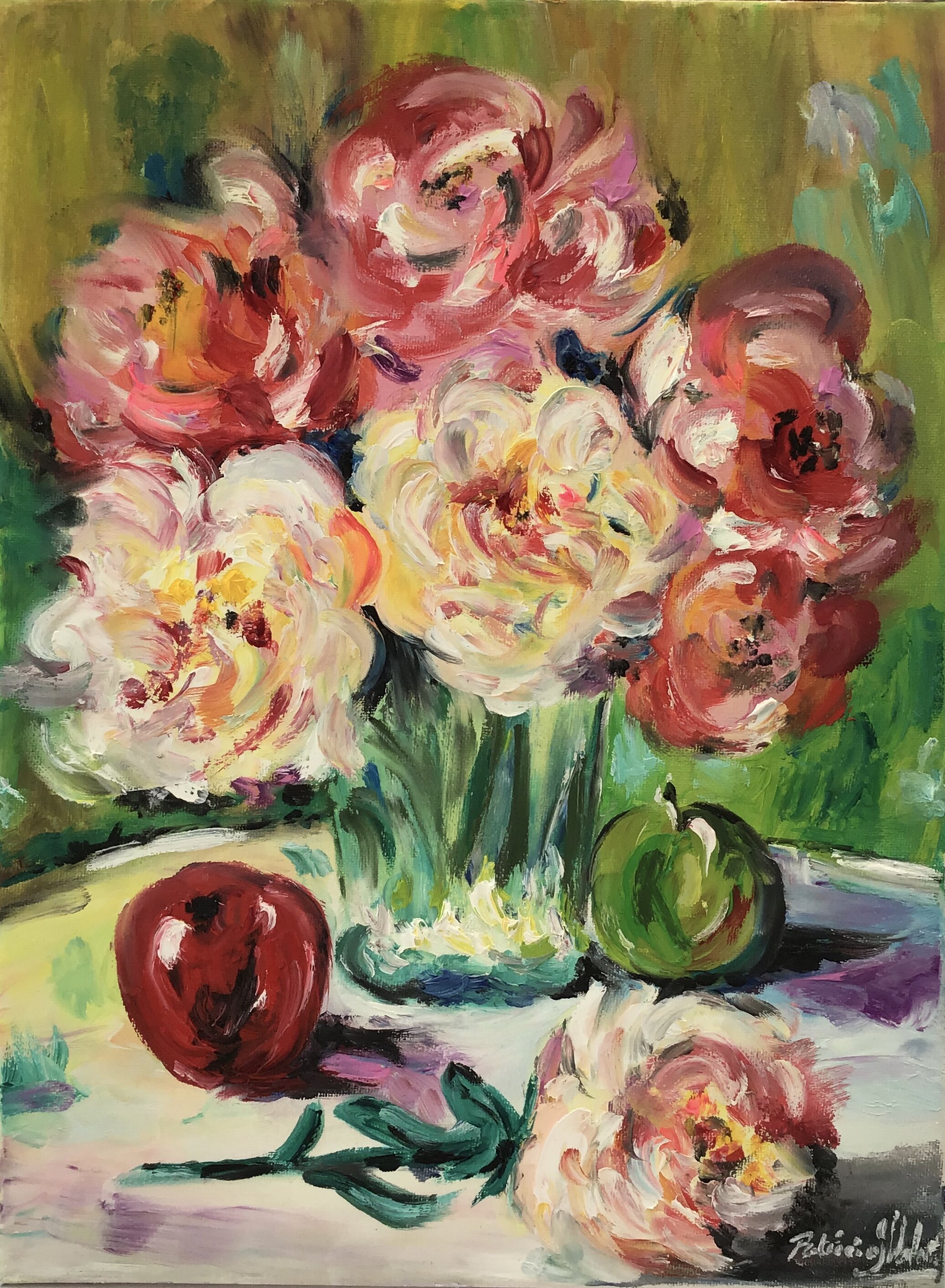 "In Praise of Monet Peonies" Original Oil Painting resined by Patricia J Valenti