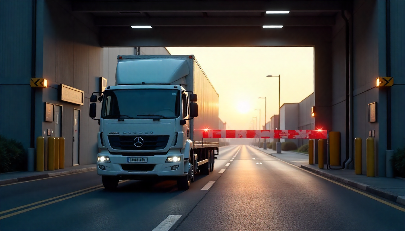 delivery truck entering logistics hub through automated smart gate with ALPR edge compute camera and real-time access logs