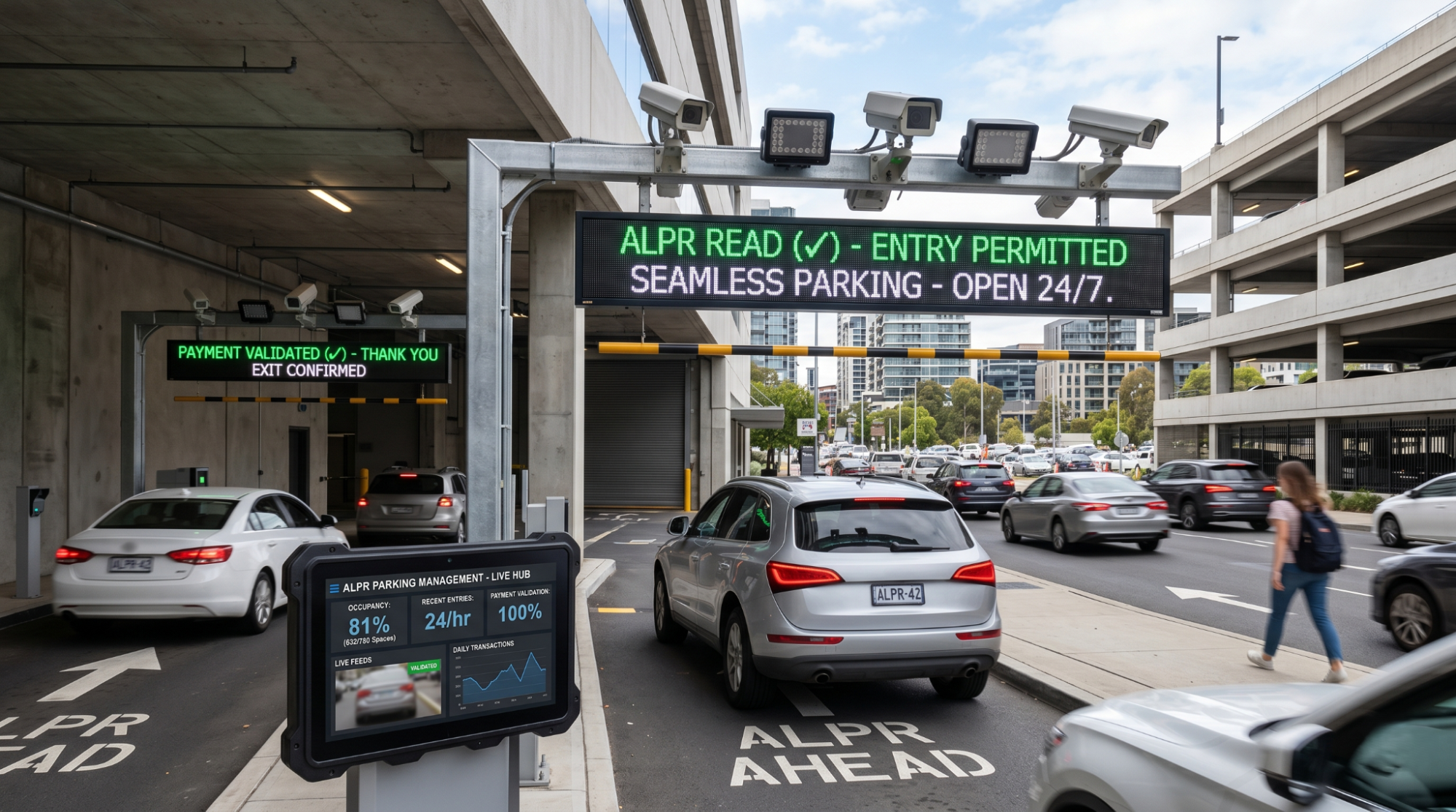 Cars entering and exiting a smart parking garage equipped with an Automatic License Plate Recognition (ALPR) system, featuring overhead digital validation signs and a live parking management dashboard.