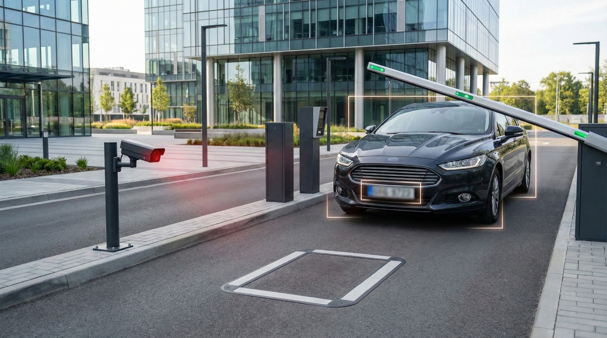 Smart parking access control system with automatic barrier gate and vehicle detection at a commercial office building