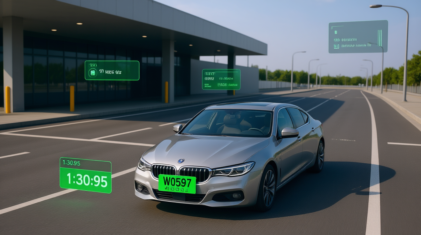 Silver BMW sedan driving on modern road with green virtual interface overlay displaying real-time data "1:30:95" and "W0597", illustrating intelligent transportation system and vehicle connectivity
