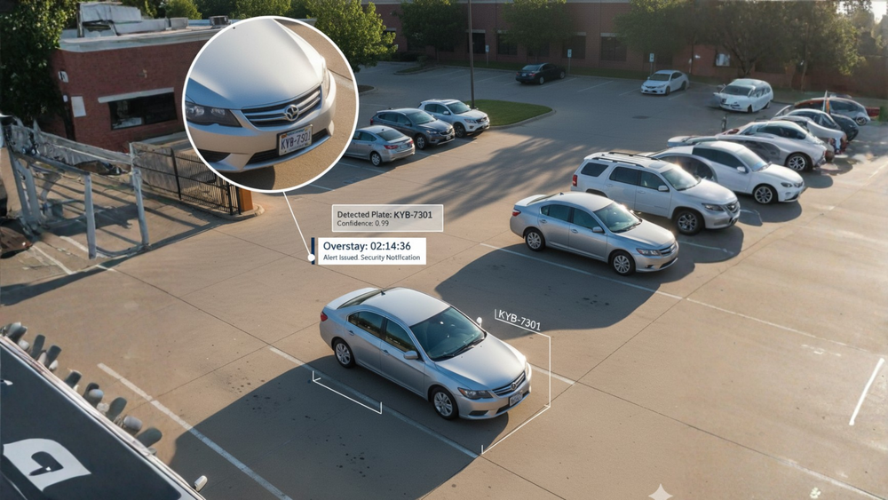 Parking enforcement vehicle monitoring a parking area