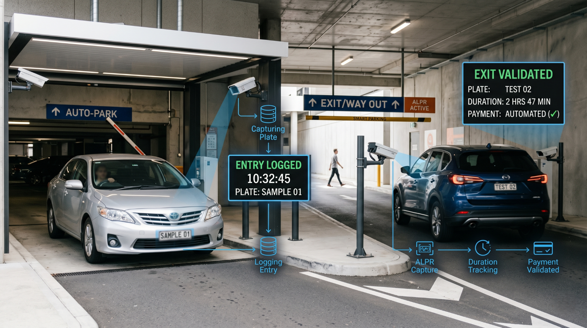 An illustration showing how an ALPR smart parking system works, featuring cameras that capture license plates for automated entry logging and exit payment validation.